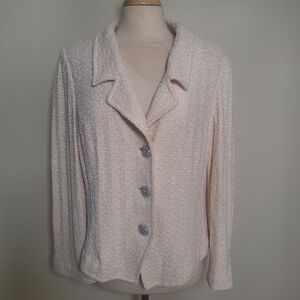 St. John Tweed Milano Knit Wool/silk Rhinestone Button Alabaster Blazer Size 16